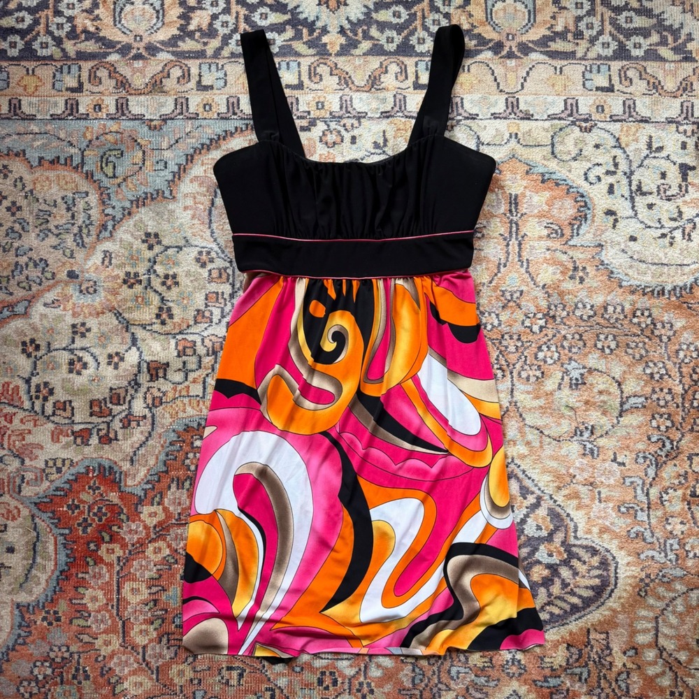 Vintage Taboo Y2K Psychedelic Swirl Mini Dress Black Pink Orange Waist Tie XL